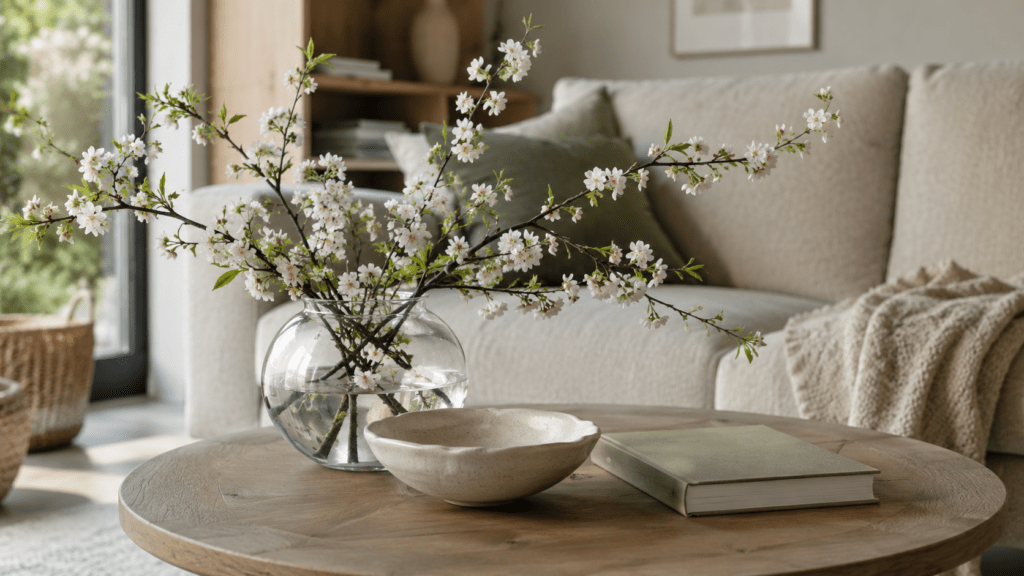 Heller Couchtisch aus Holz mit locker arrangierten blühenden Kirschzweigen in einer niedrigen Glasvase, kombiniert mit einer kleinen Keramikschale und beigen Büchern in einem modernen, frühlingshaften Wohnzimmer mit natürlichen Beige und Salbeigrün Tönen.