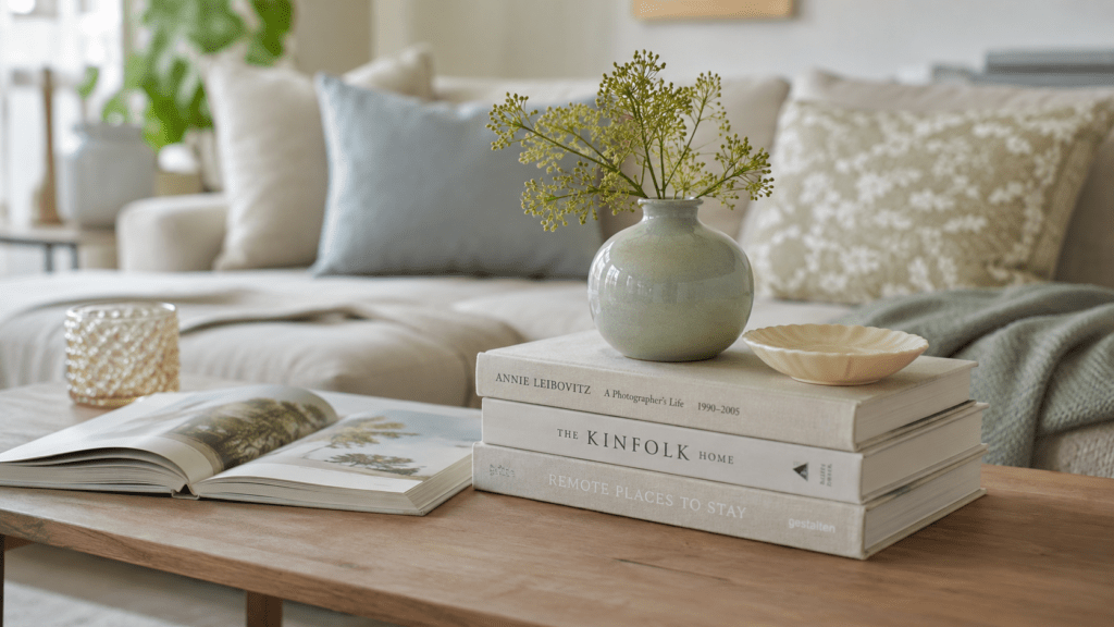 Heller, modern eingerichteter Wohnbereich mit einem großen Holzcouchtisch im Fokus. Auf dem Tisch liegen drei gestapelte Coffee Table Bücher in sanften Beige und Creme Tönen. Daneben steht eine kleine salbeigrüne Keramikvase mit feinen Frühlingszweigen sowie eine schlichte Schale in warmem Weiß. Ein aufgeschlagenes Buch sorgt für eine lockere, wohnliche Atmosphäre. Im Hintergrund befinden sich ein helles Sofa mit weichen Kissen in Naturtönen und eine kuschelige Decke im Scandi Stil. Natürliches Tageslicht schafft eine ruhige, gemütliche Stimmung.