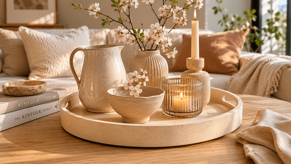 Heller moderner Couchtisch aus Holz mit cremefarbenem Tablett und stilvoller Frühlingsdeko aus Keramik, Glas und Steingut. Auf dem Tablett stehen eine große Keramikkanne, eine matte Schale, ein geriffelter Kerzenhalter mit Kerze und eine Vase mit weißen Blütenzweigen. Im Hintergrund sorgt ein beiges Sofa mit Kissen und weichen Textilien für eine warme, ruhige Wohnatmosphäre im skandinavischen Stil.