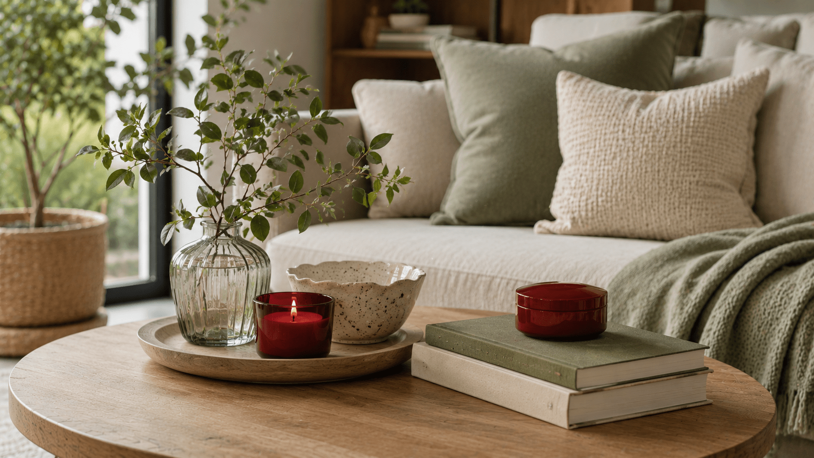 Moderner Couchtisch aus hellem Holz mit salbeigrüner Deko, strukturierter Keramikschale, Glasvase mit lockeren grünen Zweigen und kleinen kirschroten Akzenten in Form einer Kerze und einer Lackdose in einem warmen, frühlingshaften Wohnzimmer.
