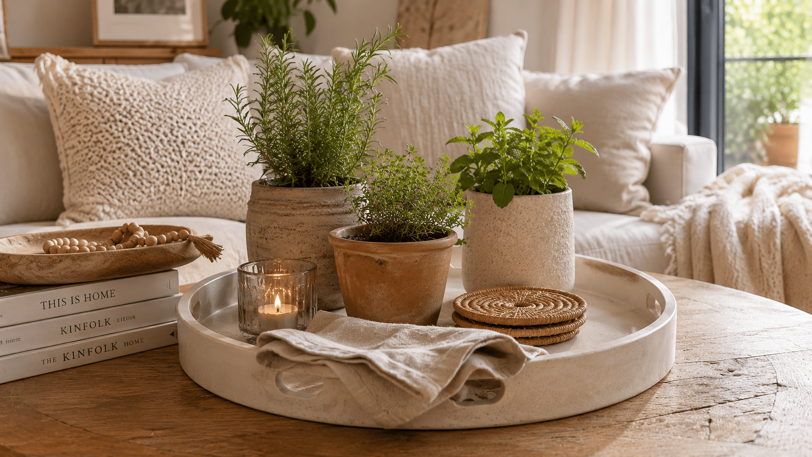 Gemütlicher Couchtisch im warmen mediterranen Stil mit großem cremefarbenem Tablett, frischen Kräutern in Terrakotta und Steintöpfen, Leinenserviette, geflochtenen Untersetzern und kleiner Kerze aus Glas. Der rustikale Holztisch steht vor einem hellen Sofa mit beigen Kissen und weichen Textilien. Natürliches Sonnenlicht sorgt für eine ruhige, wohnliche Atmosphäre mit skandinavisch mediterranem Flair.