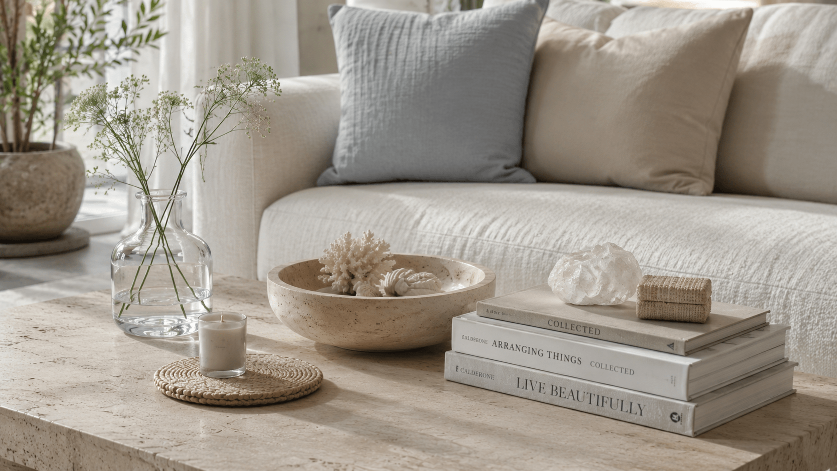 Moderner Couchtisch aus hellem Holz in einem stilvollen Wohnzimmer mit sommerlicher Boutique Hotel Atmosphäre. Auf dem Tisch stehen eine elegante Travertin Schale, eine klare Glasvase mit wenigen zarten Zweigen sowie grob gewebte Leinenuntersetzer in Beige und Sandtönen. Ergänzt wird die Dekoration durch strukturierte Keramik und natürliche Materialien in Muschelweiß, hellem Grau und warmem Creme. Im Hintergrund sorgen ein helles Sofa, leichte Leinenkissen und weiches Tageslicht für eine ruhige, luftige und moderne Wohnstimmung mit mediterranem Flair.