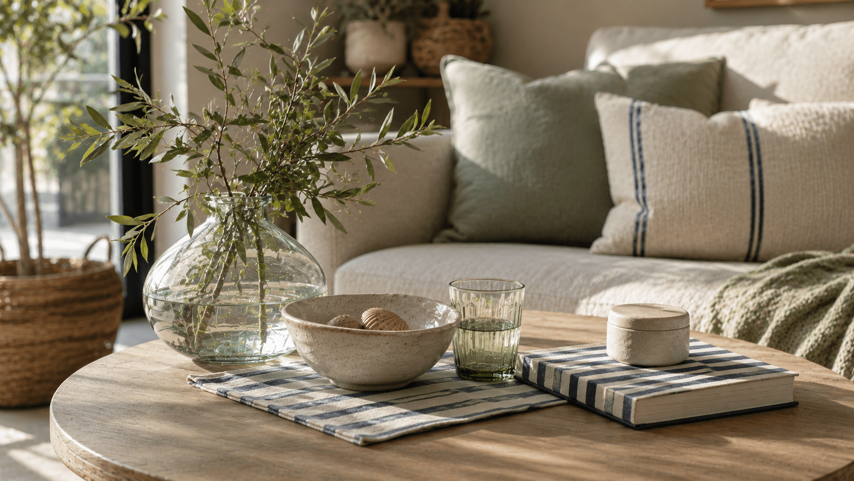 Stilvoll dekorierter Couchtisch aus Naturholz mit dezenten Streifen Details, rauer Keramikschale, grünlichem Glas, beigen Büchern und leichten Küsten Akzenten in einem hellen Wohnzimmer mit entspannter Sommer Atmosphäre.