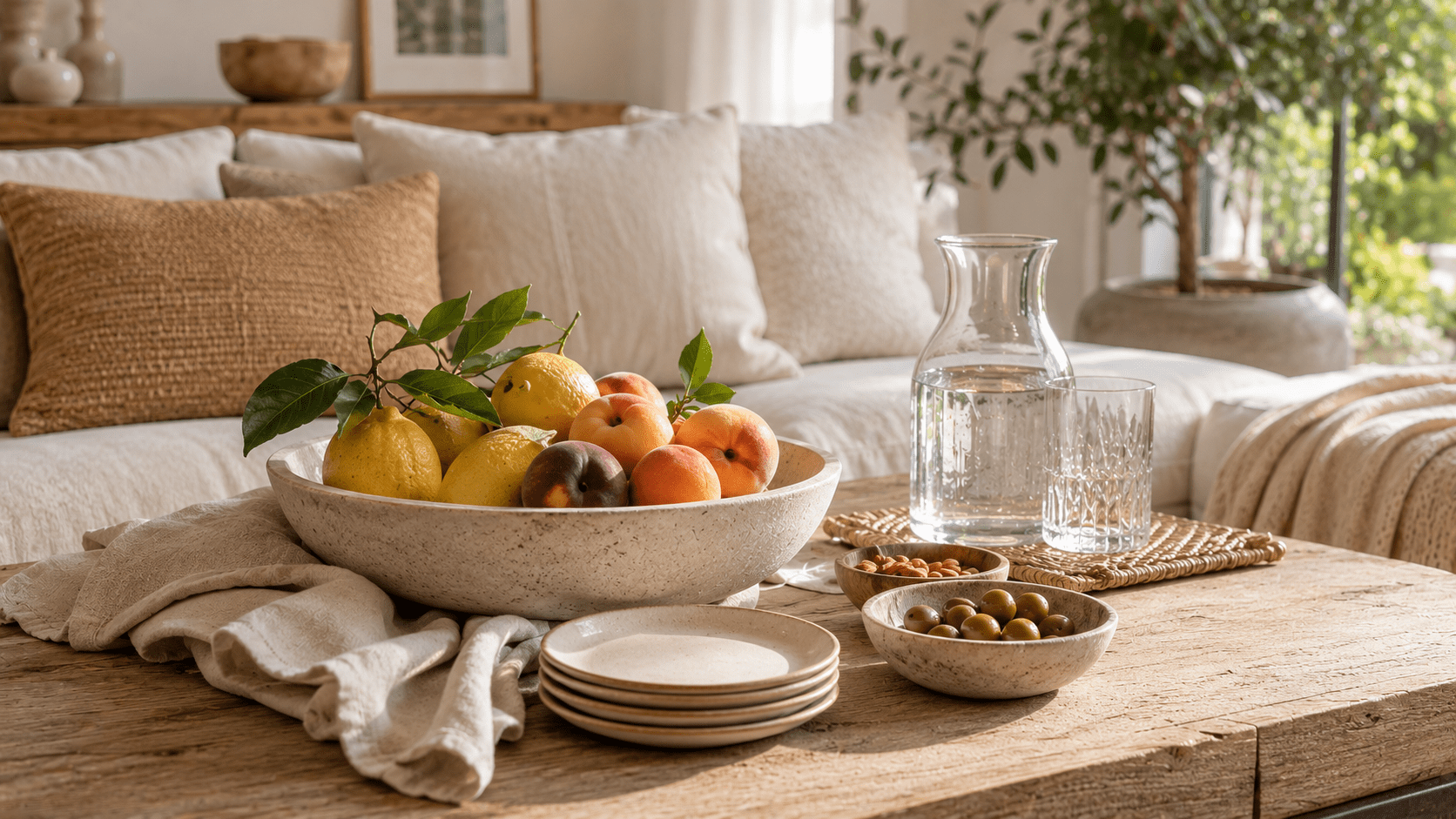 Sommerlich dekorierter Couchtisch aus hellem Holz mit großer Keramikschale voller Zitronen, Pfirsiche und Aprikosen. Daneben stehen kleine Teller, eine elegante Wasserkaraffe, eine Schale mit Oliven und natürliche Accessoires in warmen Beige und Sandtönen. Im Hintergrund sorgen ein helles Sofa, weiche Leinenstoffe und warmes Sonnenlicht für eine mediterrane Wohnatmosphäre wie in einem Ferienhaus in Italien.