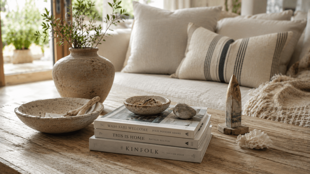 Gemütlicher Couchtisch aus rustikalem Holz in einem hellen Wohnzimmer mit natürlicher Sommer Dekoration. Auf dem Tisch liegen mehrere Coffee Table Bücher in soften Beige und Creme Tönen, kombiniert mit handgemachter Keramik, einer kleinen Schale für Schmuck und gesammelten Fundstücken wie einem Stein und einem dekorativen Holzobjekt. Eine große strukturierte Vase mit grünen Zweigen ergänzt die ruhige Komposition. Im Hintergrund stehen ein helles Sofa mit Leinenkissen und eine grob gestrickte Decke in warmen Naturfarben. Die Szene wirkt persönlich, hochwertig und leicht mediterran mit entspannter Boutique Hotel Stimmung.