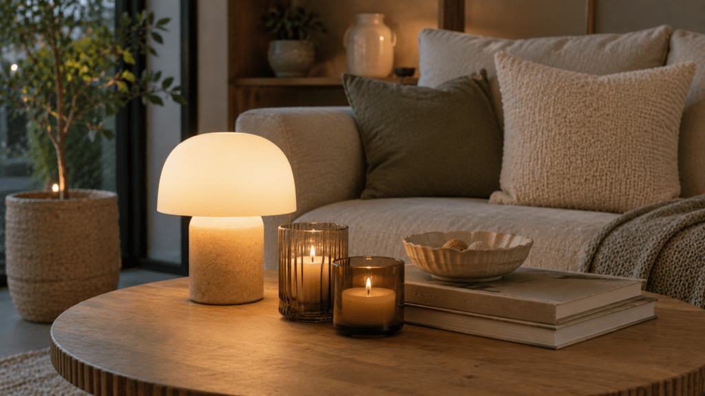 Gemütlicher Couchtisch aus Holz mit kleiner skulpturaler Tischlampe aus milchigem Glas, warmen Kerzenlichtern, neutralen Büchern und einer Keramikschale in einem modernen Wohnzimmer mit sanfter Abendstimmung und natürlichen Beige und Grüntönen.