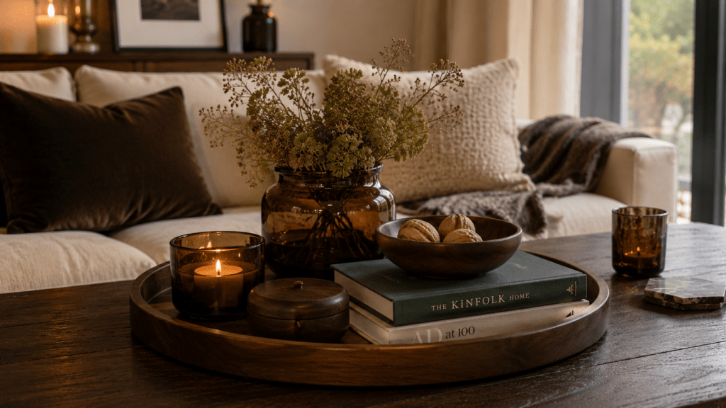 Eleganter Couchtisch aus dunklem Holz mit herbstlicher Dekoration in warmen Erd und Nusstönen. Auf einem Tablett aus Nussbaum stehen eine kastanienbraune Keramikschale, Amberglas Kerzenhalter und ein tiefgrünes Coffee Table Book. Das helle Sofa im Hintergrund bildet einen weichen Kontrast zu den dunklen Materialien und sorgt gemeinsam mit warmem Licht für eine ruhige, gemütliche und hochwertige Wohnatmosphäre.
