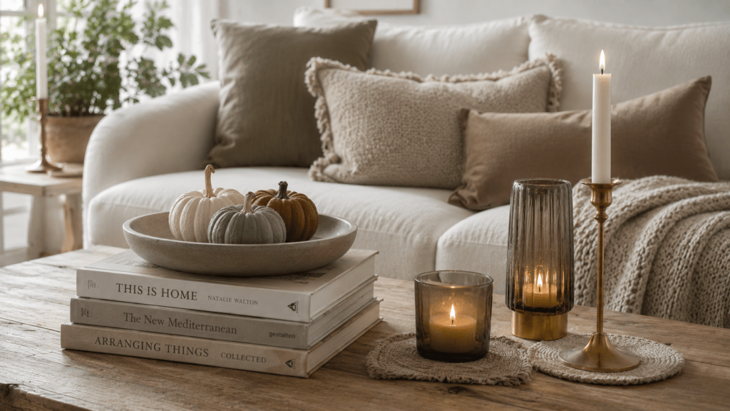 Herbstlich dekorierter Couchtisch aus warmem Holz in einem hellen Wohnzimmer mit gemütlicher Atmosphäre. Auf mehreren Coffee Table Büchern steht eine flache Steinschale mit kleinen Kürbissen in Creme, Salbei und warmem Cognac. Daneben sorgen Kerzenhalter aus Messing und Rauchglas für weiches Licht und elegante Akzente. Gewebte Untersetzer aus Leinen ergänzen die natürliche Textur der Dekoration. Im Hintergrund stehen ein helles Sofa mit strukturierten Kissen in Beige und Olivgrün sowie eine grob gestrickte Decke, die der Szene einen modernen und ruhigen Herbstlook verleihen.