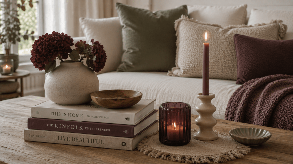 Herbstlich dekorierter Couchtisch aus rustikalem Holz in einem warmen Wohnzimmer mit weichen, gemütlichen Details. Auf gestapelten Coffee Table Büchern stehen eine matte Keramikvase mit dunkelroten Hortensien sowie eine kleine Holzschale in warmem Braun. Daneben sorgen ein geschwungener Kerzenhalter in Creme und ein Windlicht aus Aubergine farbenem Rauchglas für eine elegante Atmosphäre. Unter den Accessoires liegen gewebte Untersetzer mit feinen Fransen, die zusätzliche Struktur und Gemütlichkeit schaffen. Im Hintergrund ergänzen Kissen in Moosgrün, Beige und Aubergine sowie eine grob gestrickte Decke den modernen, soften Herbstlook.