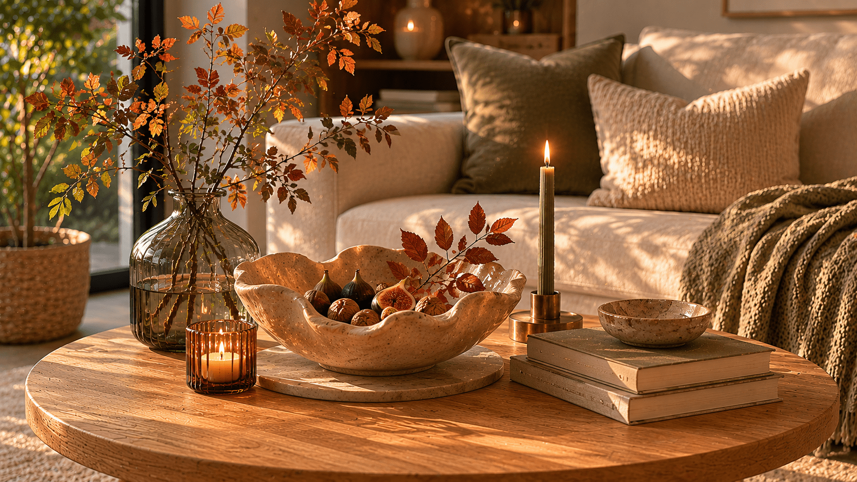 Großer runder Couchtisch aus Holz mit einer skulpturalen Keramikschale als Mittelpunkt, locker gefüllt mit Feigen und Walnüssen, kombiniert mit neutralen Büchern, einer kleinen Kerze und warmen Herbstfarben in einem gemütlichen modernen Wohnzimmer.