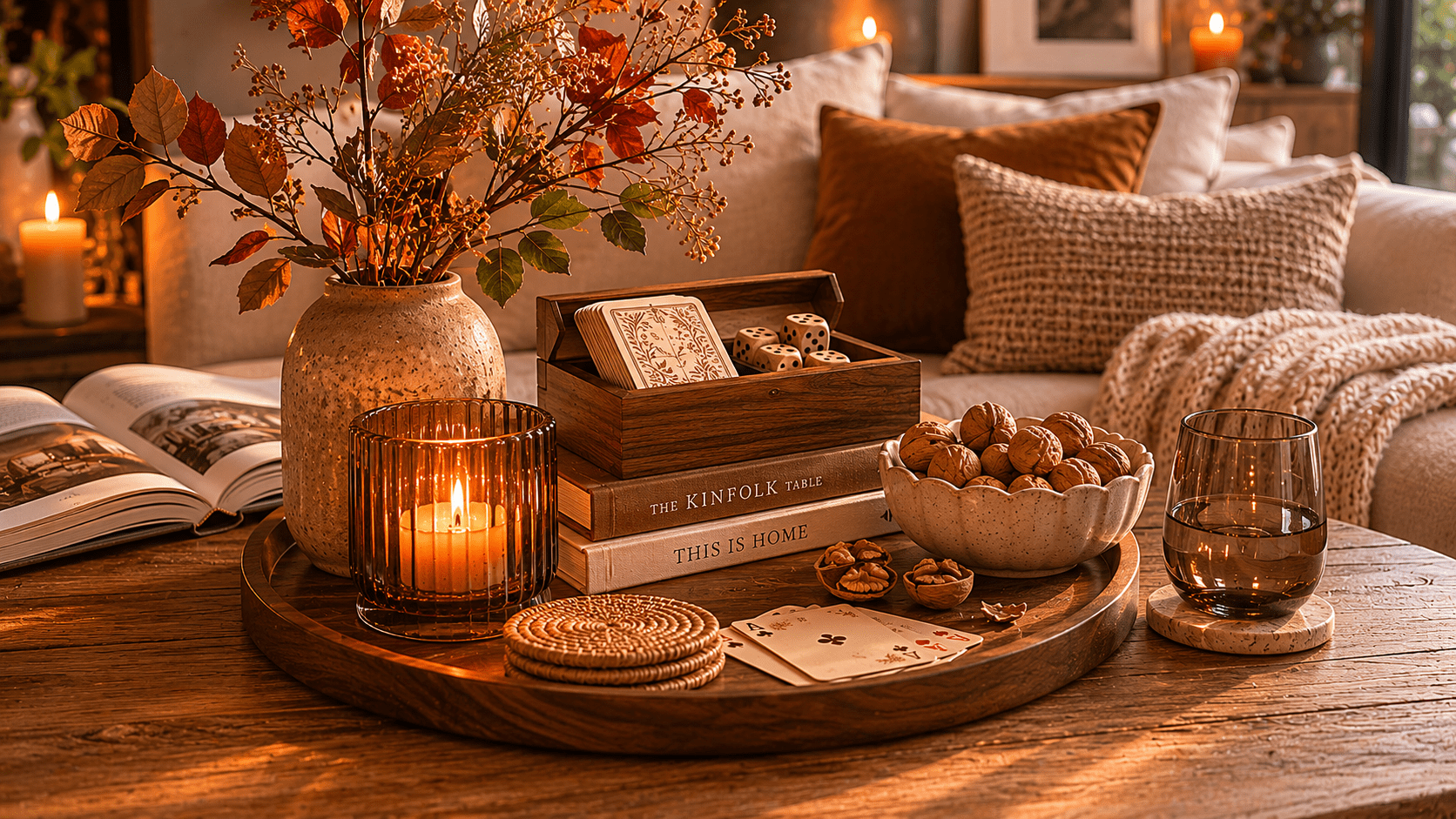 Gemütlicher Couchtisch aus dunklem Holz mit herbstlicher Wohnzimmerdeko in warmen Braun und Beigetönen. Auf einem großen Holztablett stehen eine elegante Spielbox mit Karten, eine kleine Schale mit Nüssen, Bücher, Kerzen aus Amberglas und stilvolle Untersetzer. Im Hintergrund sorgen ein helles Sofa, weiche Kissen und warmes Kerzenlicht für eine einladende Herbst Atmosphäre mit modernem Hygge Stil.