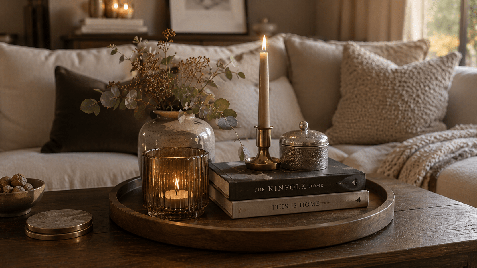 Wohnlicher Couchtisch aus dunklem Holz mit elegantem Mix aus natürlichen Materialien und matten Metallen. Auf einem runden Holztablett stehen ein goldener Kerzenhalter, eine kleine silberne Dose, Bücher in dunklen Farbtönen und ein geriffeltes Windlicht aus Amberglas. Eine Keramikvase mit zurückhaltenden Zweigen ergänzt die warme Winterdeko. Im Hintergrund sorgen ein helles Sofa, grobe Stricktexturen und sanftes Kerzenlicht für eine ruhige und hochwertige Atmosphäre.