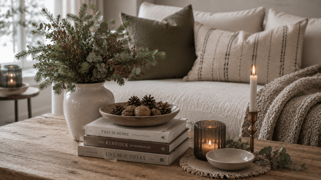 Winterlich dekorierter Couchtisch aus naturbelassenem Holz in einem gemütlichen Wohnzimmer mit warmen Naturtönen. Auf gestapelten Coffee Table Büchern steht eine große Keramikvase mit echten Tannenzweigen, Eukalyptus und roten Beerenzweigen. Daneben liegt eine flache Holzschale mit Zapfen und Walnüssen als natürliche Winterdekoration. Ergänzt wird die Szene durch ein geriffeltes Windlicht aus Rauchglas, einen Messing Kerzenhalter mit weißer Stabkerze sowie gewebte Leinenuntersetzer mit feiner Struktur. Im Hintergrund sorgen ein helles Sofa, Kissen in Creme und Olivgrün sowie eine grob gestrickte Decke für eine ruhige, warme und moderne Winteratmosphäre.
