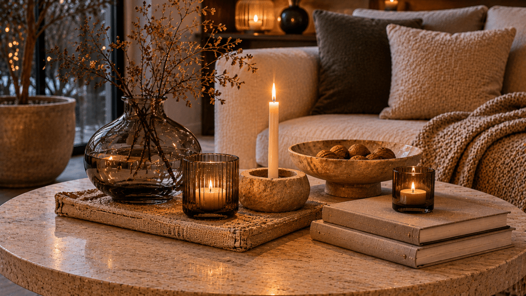 Moderner Couchtisch mit Rauchglas Kerzenhalter, strukturierter Steinschale, gewebtem Leinen Tablett und organischen Dekoobjekten in warmen Beige und Grautönen für eine gemütliche winterliche Abendstimmung im Wohnzimmer.