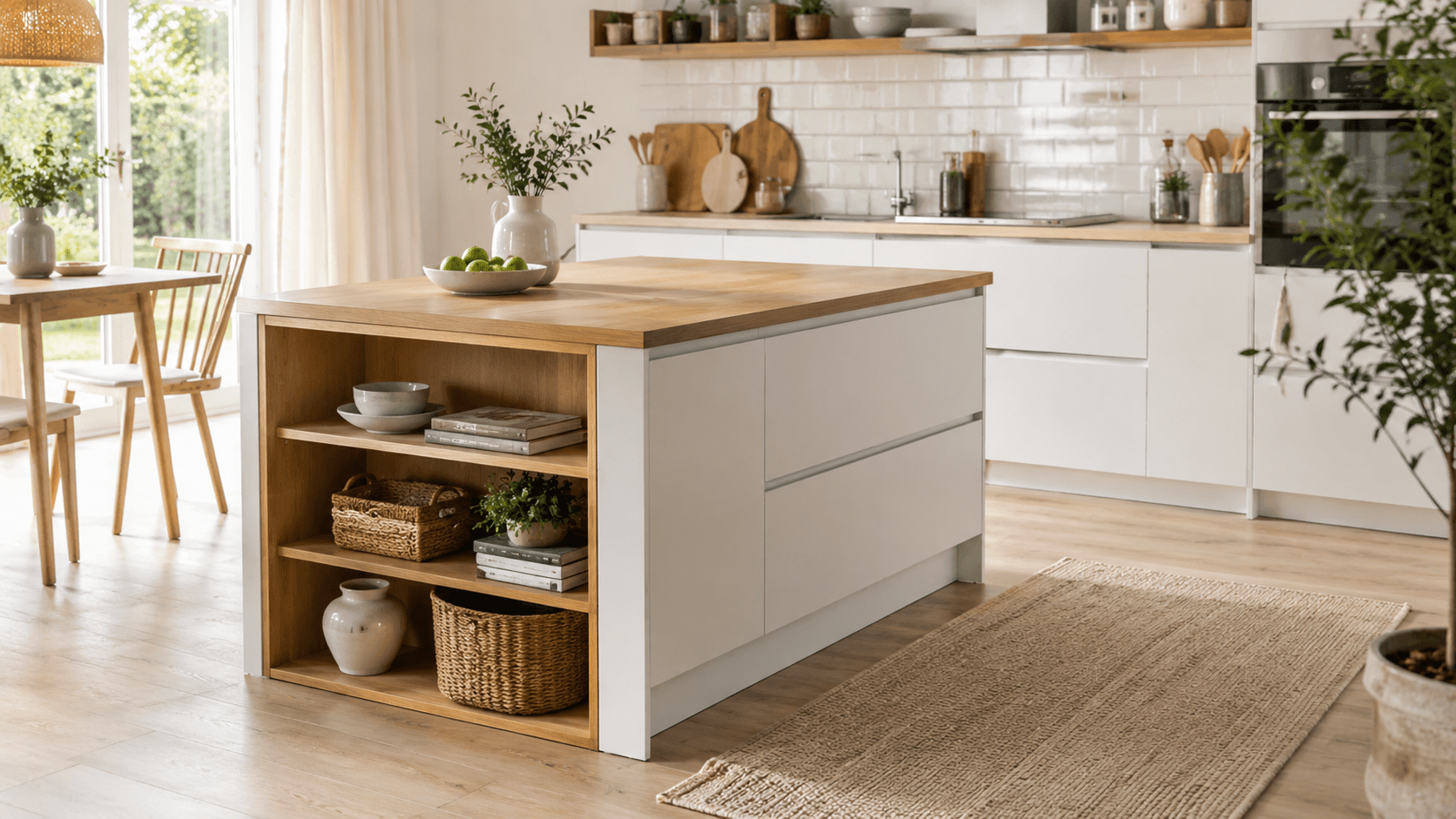 Helle moderne Küche im Skandi Stil mit kompakter Kücheninsel in Weiß und Eiche. Die freistehende Insel verfügt über offene Regalfächer mit Körben, Keramik und Kochbüchern. Warme Holztöne, weiße Fronten, natürliche Dekoration und großzügige Laufwege schaffen eine freundliche, luftige Atmosphäre in einer mittelgroßen Wohnküche.