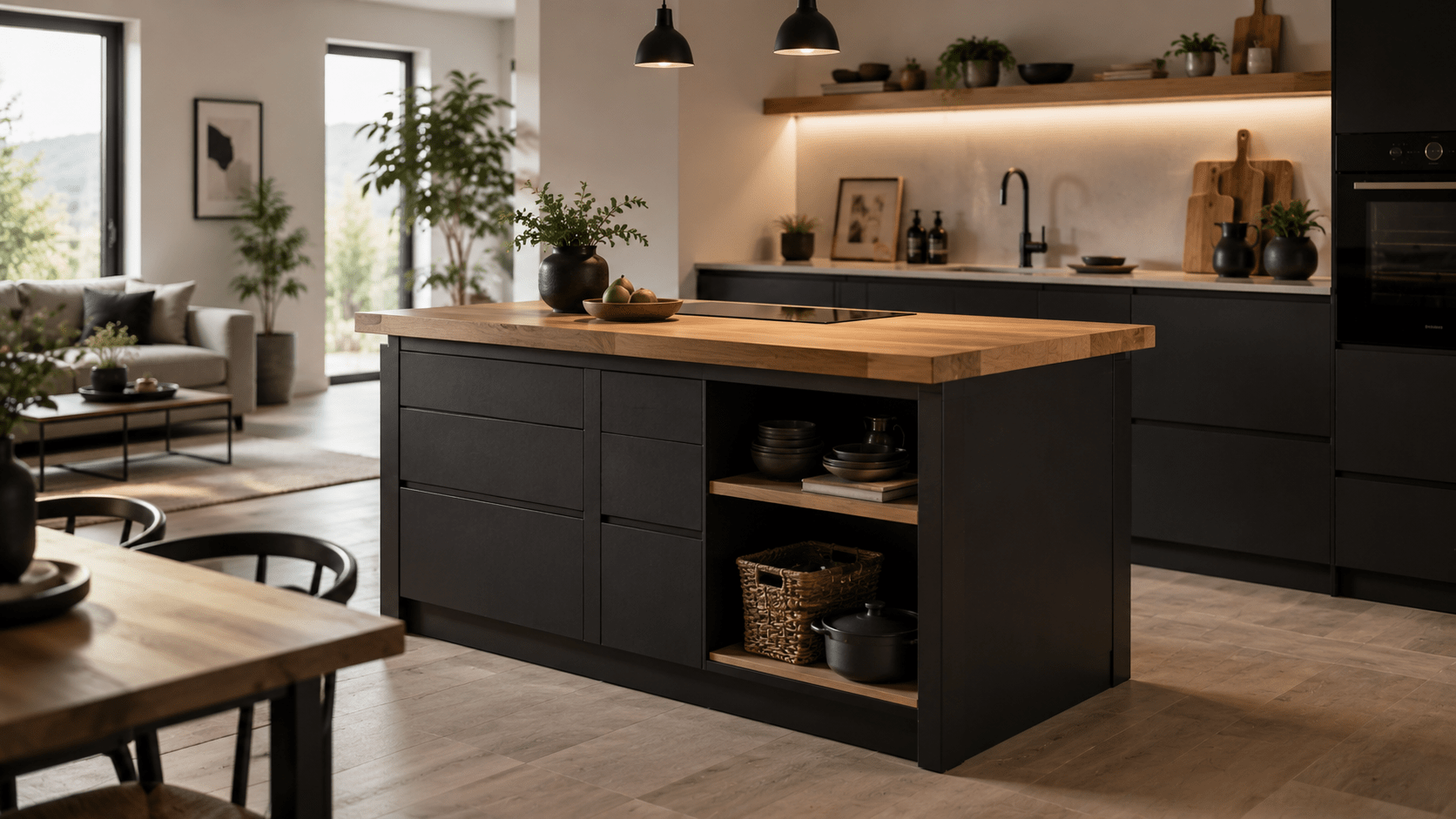 Hyperrealistische offene Wohnküche mit großzügiger Kücheninsel in Anthrazit und massiver Holzplatte aus heller Eiche. Die dunkle Insel dient als eleganter Mittelpunkt des Raumes und wird von schwarzen Armaturen, warmen Holzdetails, offenen Regalfächern und stilvollen Wohnaccessoires ergänzt. Große Fenster sorgen für viel Tageslicht und schaffen einen modernen, wohnlichen Look mit hochwertiger Designwirkung.