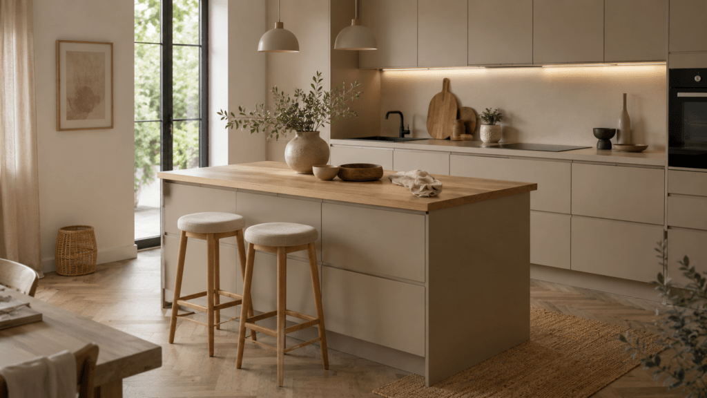Moderne Küche in warmen Beige und Greige Tönen mit großzügiger Kücheninsel und heller Eichenholzplatte. Matte Fronten, Leinenstoffe, Keramikvasen und natürliche Holzaccessoires schaffen eine ruhige, harmonische Atmosphäre. Weiches Tageslicht fällt durch große Fenster und unterstreicht den wohnlichen Charakter der eleganten, zeitlosen Küche im skandinavisch inspirierten Stil.