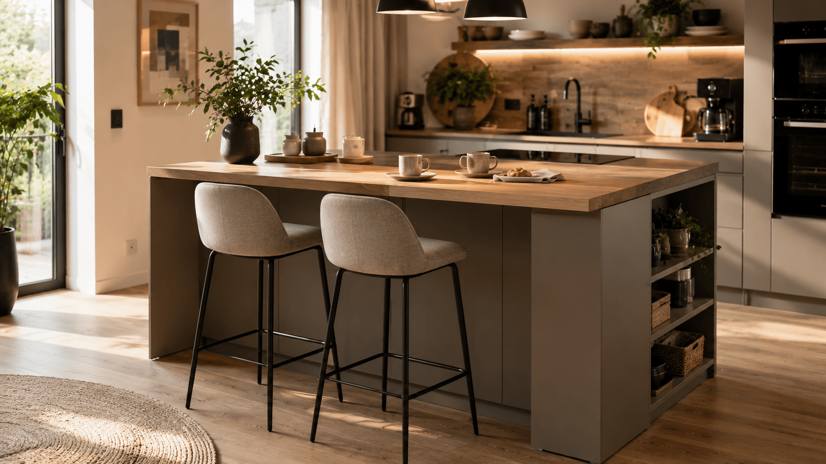 Hyperrealistische moderne Küche mit zentraler Kücheninsel und integriertem Kaffeeplatz für zwei Personen. Die Insel kombiniert matte Fronten mit einer hellen Holzplatte und einem komfortablen Plattenüberstand. Zwei elegante Barhocker sind platzsparend untergeschoben, während eine Kaffeemaschine, Keramiktassen und dezente Wohnaccessoires eine gemütliche Morgenatmosphäre schaffen. Große Fenster, warme Holztöne und viel Tageslicht verleihen der offenen Küche eine einladende und wohnliche Ausstrahlung.