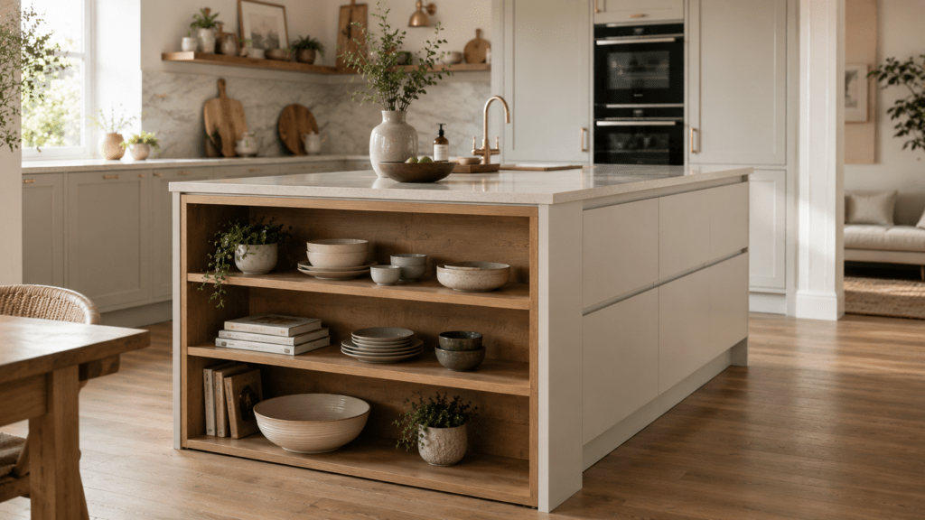 Helle moderne Küche mit großer Kücheninsel und offenen Regalen aus warmem Eichenholz. Die Regalfächer sind dekorativ mit Keramikschalen, Tellern, Kochbüchern und kleinen Pflanzen gestaltet. Helle Fronten, eine helle Steinplatte und viel Tageslicht schaffen eine wohnliche Atmosphäre, während die offenen Regale der Insel Persönlichkeit und zusätzlichen Stauraum verleihen.