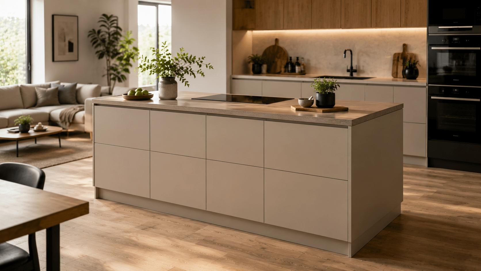 Hyperrealistische offene Wohnküche mit großer Kücheninsel und durchgehend geschlossenen, grifflosen Fronten in hellem Mattbeige. Die Insel wirkt ruhig und aufgeräumt und fügt sich harmonisch in die moderne Küchenzeile ein. Eine helle Arbeitsplatte, dezente Dekoration mit Pflanzen und Schalen sowie warme Holz- und Naturtöne schaffen eine elegante, wohnliche Atmosphäre. Im Hintergrund verbindet sich die Küche nahtlos mit dem Wohnbereich und unterstreicht den klaren, minimalistischen Stil.