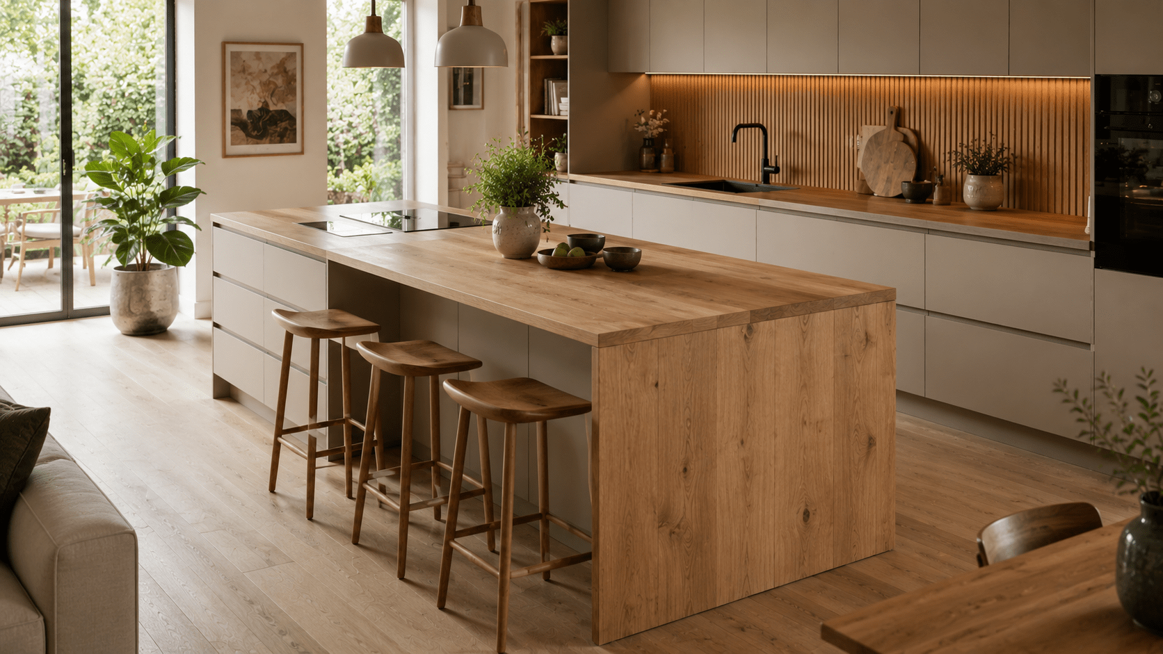 Moderne Küche mit großzügiger Kücheninsel und warmer Holzarbeitsplatte aus heller Eiche. Die Kombination aus glatten matten Fronten in Greige, natürlichen Holzoberflächen und dezenten Wohnaccessoires schafft eine elegante, wohnliche Atmosphäre. Sanftes Tageslicht betont die natürliche Maserung des Holzes und verleiht der minimalistischen Küche einen modernen skandinavischen Charakter.