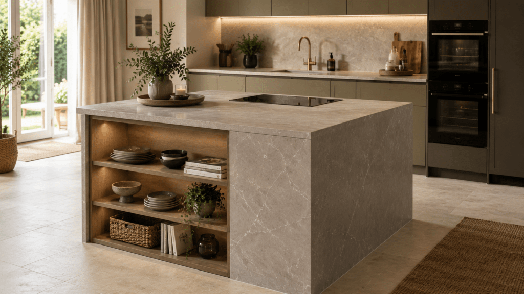 Moderne Küche mit großzügiger Kücheninsel in heller Keramik und Steinoptik. Die massive Arbeitsplatte in sandigem Natursteinlook bildet den Mittelpunkt des Raumes und wird von olivfarbenen Fronten, schwarzen Einbaugeräten und warmen Holzelementen ergänzt. Offene Regalfächer mit Keramikgeschirr, Körben und Dekoration sorgen für Wohnlichkeit, während die hochwertigen Oberflächen ein elegantes und zeitloses Gesamtbild schaffen.