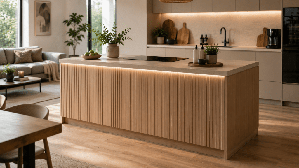 Hyperrealistische offene Wohnküche mit großer Kücheninsel in heller Holzoptik und moderner Rillenfront. Die feine vertikale Struktur der Front wird durch warmes indirektes Licht betont und verleiht der Insel eine elegante, hochwertige Wirkung. Sandfarbene Küchenfronten, helle Arbeitsflächen, natürliche Dekoration und große Fenster schaffen eine ruhige, moderne Atmosphäre mit wohnlichem Charakter. Die Kücheninsel bildet den stilvollen Mittelpunkt zwischen Küche und Wohnbereich.