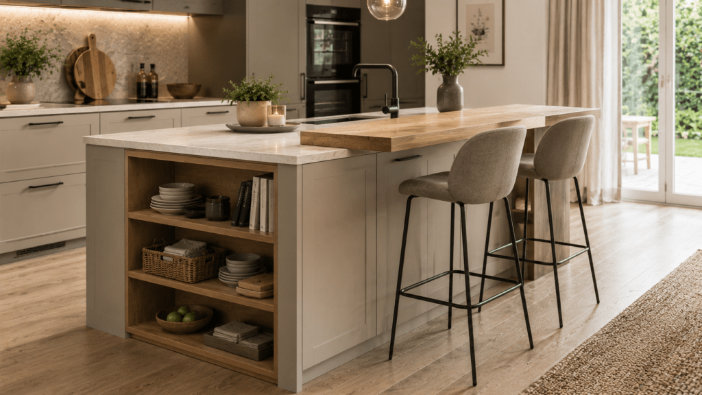 Moderne Wohnküche mit Kücheninsel und integrierter Theke aus hellem Holz. Zwei gepolsterte Barhocker stehen an dem leicht überstehenden Tresen, während offene Regalfächer Platz für Geschirr, Körbe und Küchenaccessoires bieten. Helle Fronten, eine elegante Arbeitsplatte in Steinoptik und warme Holzelemente schaffen eine einladende Atmosphäre, die Funktionalität und gemütliches Küchendesign verbindet.