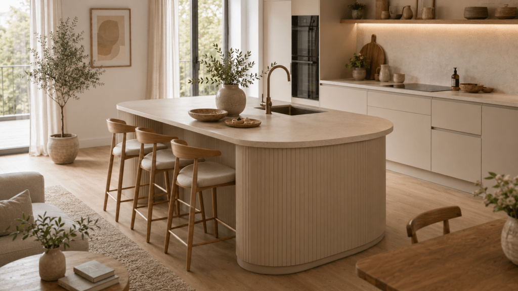 Moderne Wohnküche mit einer Kücheninsel in sanften Beige- und Sandtönen sowie weich gerundeten Ecken und abgerundeten Seiten. Helle Holzoberflächen, matte Fronten und natürliche Dekoelemente sorgen für eine warme, harmonische Atmosphäre. Die fließenden Formen lassen den Raum offen, elegant und besonders wohnlich wirken, während großes Tageslicht die weichen Konturen der Insel betont.
