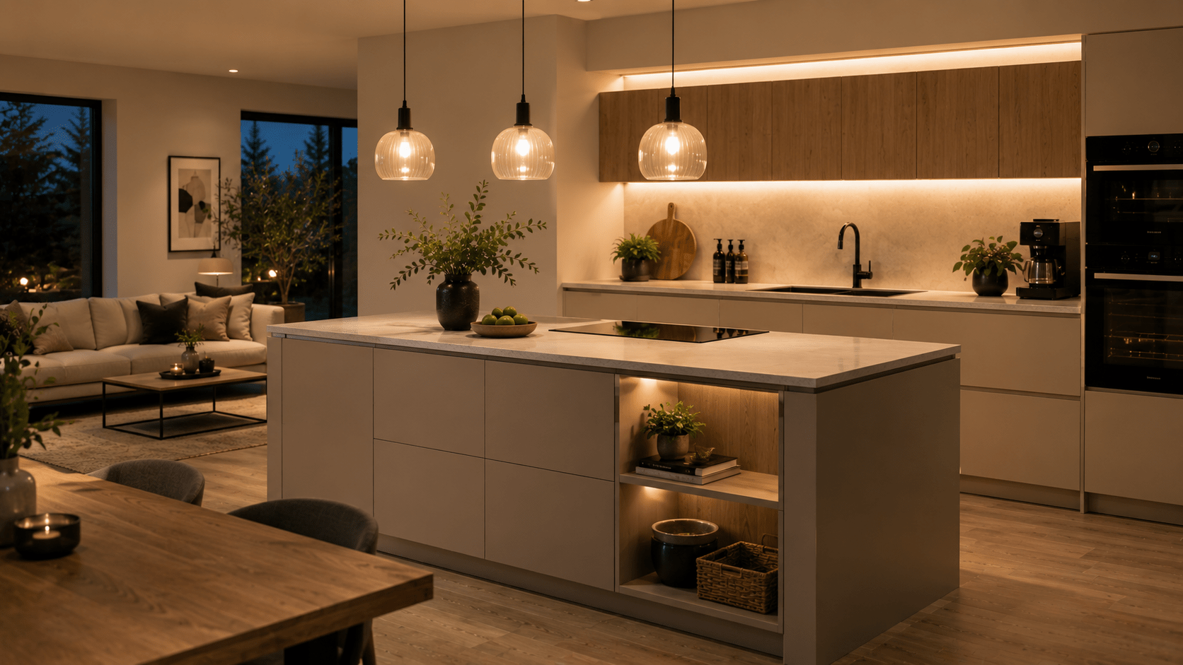 Hyperrealistische moderne Wohnküche mit großzügiger Kücheninsel als zentralem Blickfang. Drei elegante Pendelleuchten aus geriffeltem Glas spenden warmes Licht über der hellen Arbeitsplatte und setzen die Insel stilvoll in Szene. Indirekte Beleuchtung unter den Hängeschränken und in offenen Regalfächern sorgt für eine gemütliche Atmosphäre. Die Kombination aus hellen Fronten, warmen Holzelementen, schwarzen Armaturen und sanften Lichtquellen schafft einen modernen, wohnlichen Look für offene Küchen.