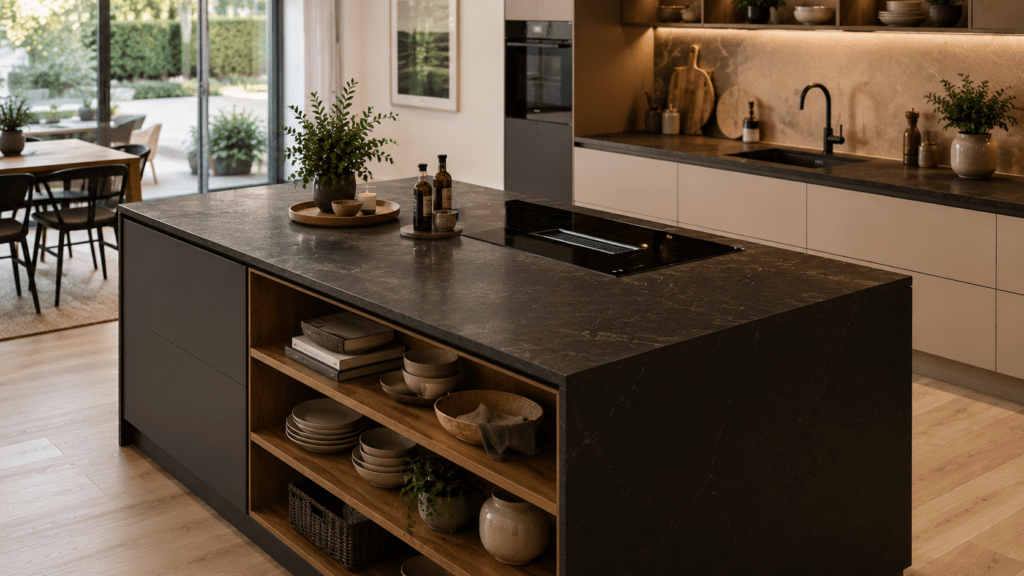 Moderne Küche mit großzügiger Kücheninsel in dunkler Steinoptik und integriertem Induktionskochfeld mit flächenbündigem Dunstabzug. Die elegante Insel bietet viel Arbeitsfläche und kombiniert schwarze Fronten mit offenen Holzregalen für Geschirr, Körbe und Dekoration. Warme Beleuchtung, natürliche Materialien und ein offener Wohnbereich schaffen eine hochwertige und kommunikative Küchenatmosphäre.