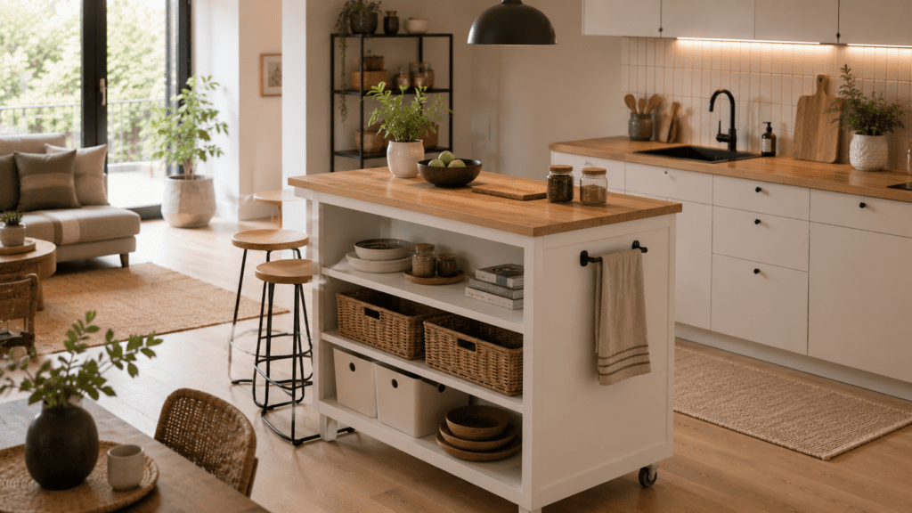 Kompakte Kücheninsel in Weiß und Eiche mit praktischem Stauraum, offenen Regalfächern und dekorativen Körben in einer modernen Küche. Schlichte Barhocker, eine stilvolle Pendelleuchte und natürliche Wohnaccessoires verleihen der preiswerten Insel einen hochwertigen Look. Helle Farben, warme Holzdetails und eine aufgeräumte Gestaltung schaffen eine freundliche, wohnliche Atmosphäre mit viel Funktion auf kleinem Budget.