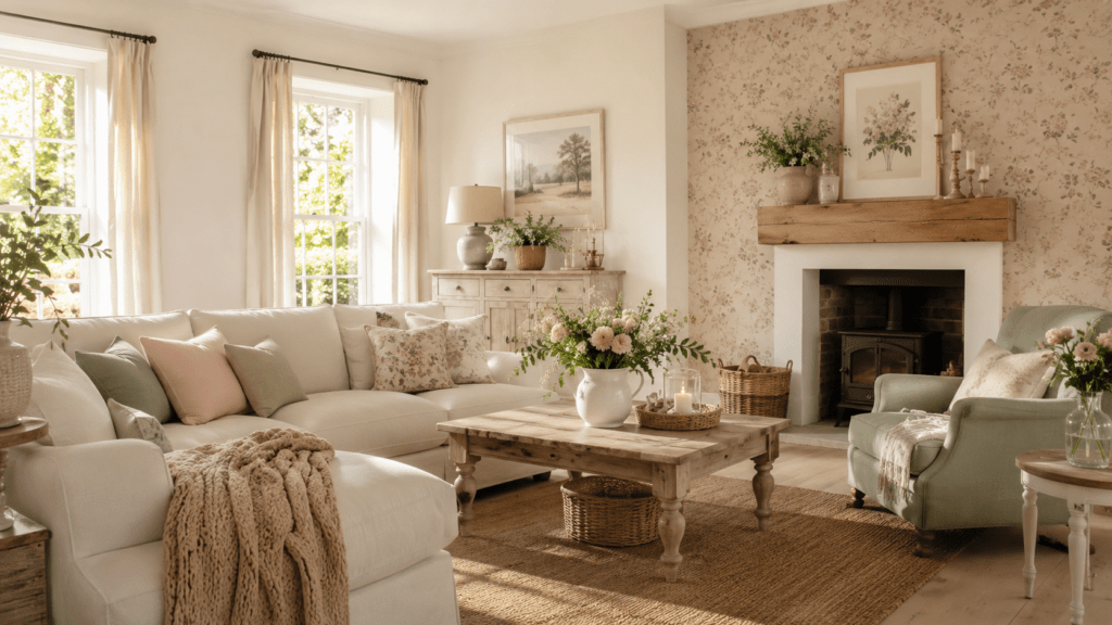 Helles Wohnzimmer im Landhausstil mit warmen cremeweißen Wänden, einer dezenten Akzentwand mit floralem Muster, rustikalem Couchtisch aus hellem Holz, beigem Sofa, salbeigrünem Sessel, Naturteppich aus Jute, Leinenkissen in Pastelltönen, dekorativen Kerzen und frischen Blumen. Großzügige Fenster lassen viel Tageslicht herein und betonen die freundliche, luftige Atmosphäre sowie die natürlichen Materialien des Raumes.