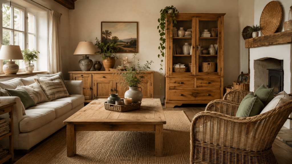 Helles Wohnzimmer im Landhausstil mit großem Couchtisch aus massivem Eichenholz, rustikalem Holz Sideboard, Vitrinenschrank aus geöltem Holz und gemütlichen Rattansesseln. Natürliche Materialien, warme Beige und Cremetöne, geflochtener Teppich, Keramikvasen und grüne Pflanzen schaffen eine wohnliche Cozy Cottage Atmosphäre bei sanftem Tageslicht.
