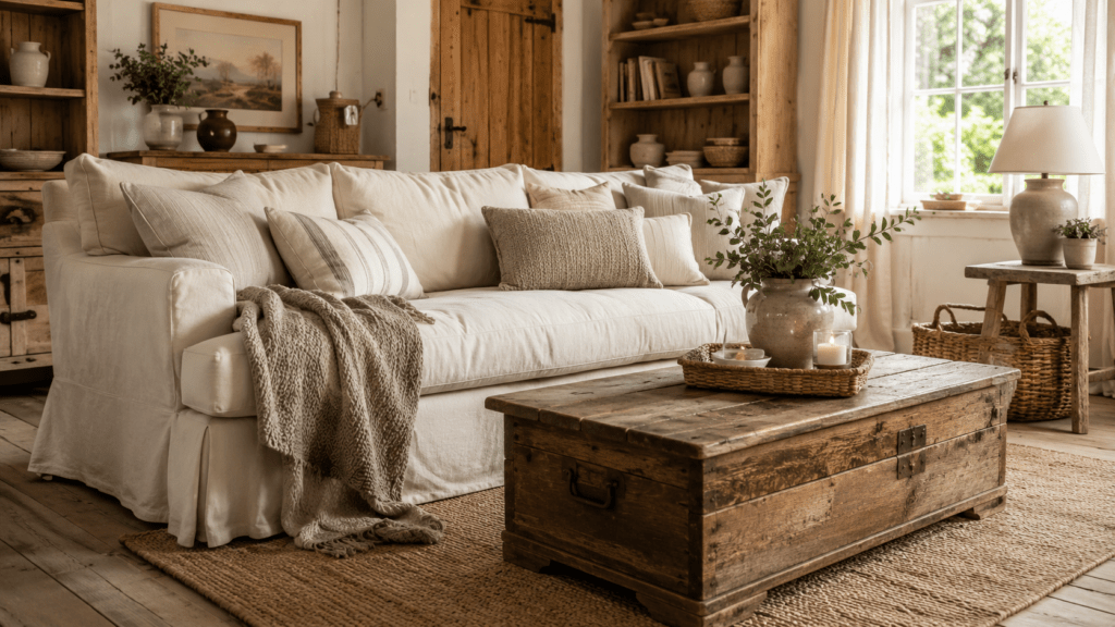 Gemütliches Wohnzimmer im Landhausstil mit großem cremefarbenem Leinensofa, vielen weichen Kissen, grob gestrickter Wolldecke, rustikalem Truhentisch aus Massivholz und natürlichem Juteteppich. Helle Holzmöbel, Keramikvasen, dezente Dekoration und warmes Tageslicht schaffen eine wohnliche, einladende Atmosphäre in natürlichen Beige- und Holztönen.