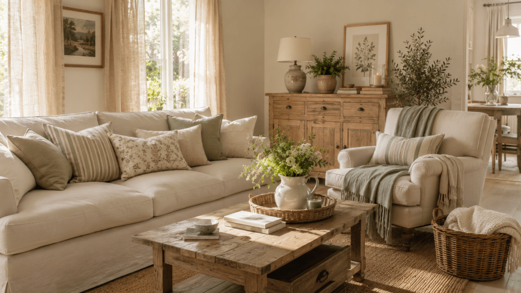Gemütliches Wohnzimmer im Landhausstil mit lichtdurchlässigen Leinenvorhängen, großem beigem Sofa, zahlreichen Kissen aus Leinen und Baumwolle mit feinen Streifen und dezenten Mustern, cremefarbenem Sessel mit weicher Baumwolldecke, rustikalem Couchtisch aus Naturholz und gewebtem Juteteppich. Warme Sonnenstrahlen fallen durch die Fenster und betonen die natürlichen Texturen der Stoffe sowie die harmonische Kombination aus Holz, Leinen, Baumwolle und sanften Naturtönen.