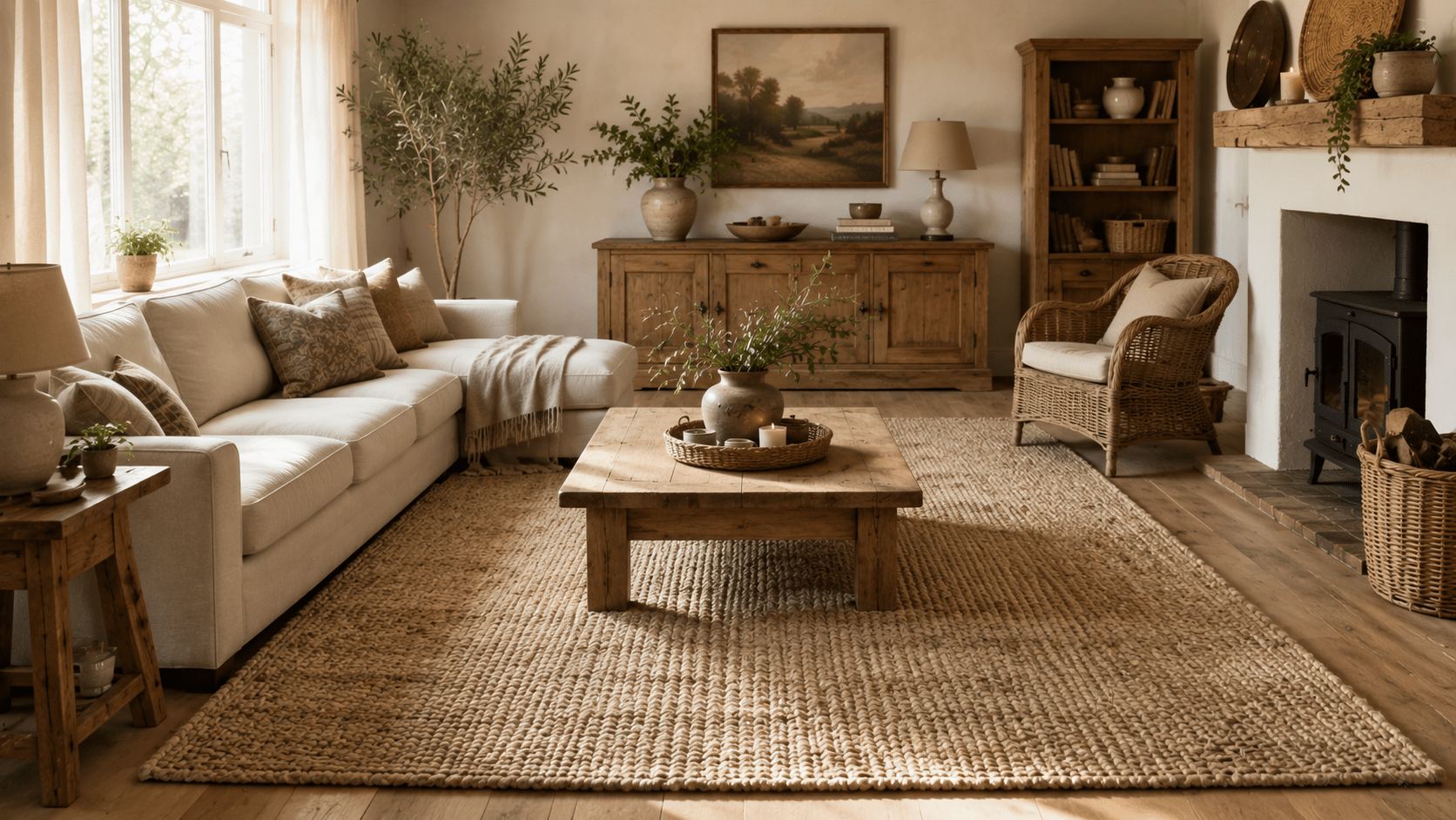 Gemütliches Wohnzimmer im Landhausstil mit großem beigen Naturteppich aus Jute als zentralem Blickfang. Helles Sofa, rustikaler Holztisch, Rattansessel und massive Holzmöbel stehen harmonisch auf dem strukturierten Teppich. Warme Naturtöne, Holzfußboden, sanftes Tageslicht, grüne Pflanzen und liebevolle Dekoration schaffen eine einladende Cozy Cottage Atmosphäre.