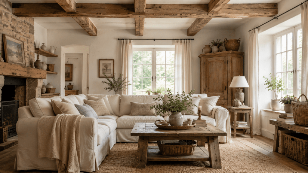 Helles Wohnzimmer im Landhausstil mit markanten sichtbaren Holzdeckenbalken, cremefarbenem Leinensofa, rustikalem Couchtisch aus Massivholz und großem Juteteppich. Warme Naturtöne, helle Wände, Holzschrank, Keramikdekoration und große Fenster mit Tageslicht schaffen eine gemütliche, authentische Landhausatmosphäre mit rustikalem Charme.