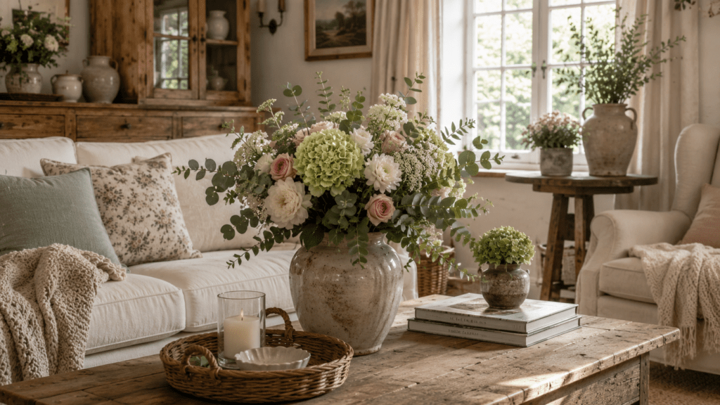 Elegantes Wohnzimmer im Landhausstil mit großem Blumenarrangement aus Hortensien, Rosen und Eukalyptus in einer rustikalen Keramikvase auf einem massiven Holzcouchtisch. Helles Leinensofa mit floralen Kissen, gemütlicher Sessel, natürliche Holzmöbel und warme Creme- und Beigetöne schaffen eine romantische, wohnliche Atmosphäre. Tageslicht fällt durch große Fenster und unterstreicht den ländlichen Charme des Raumes.