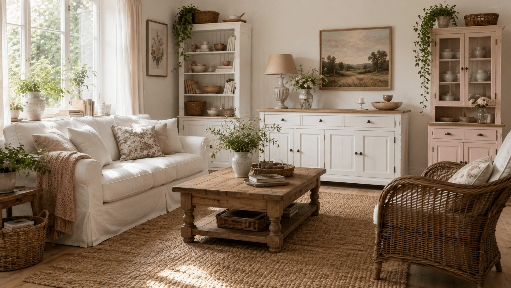 Helles Wohnzimmer im Landhausstil mit weißen Möbeln und sanften Pastelltönen. Ein großes weißes Sideboard, ein cremefarbenes Regal und eine zart rosafarbene Vitrine bilden den Mittelpunkt des Raumes. Natürliche Holzelemente, Rattansessel, ein beiger Naturteppich und frische Blumen sorgen für Wärme und Gemütlichkeit. Das freundliche Tageslicht unterstreicht die luftige, elegante Landhaus Atmosphäre und lässt den Raum großzügig wirken.