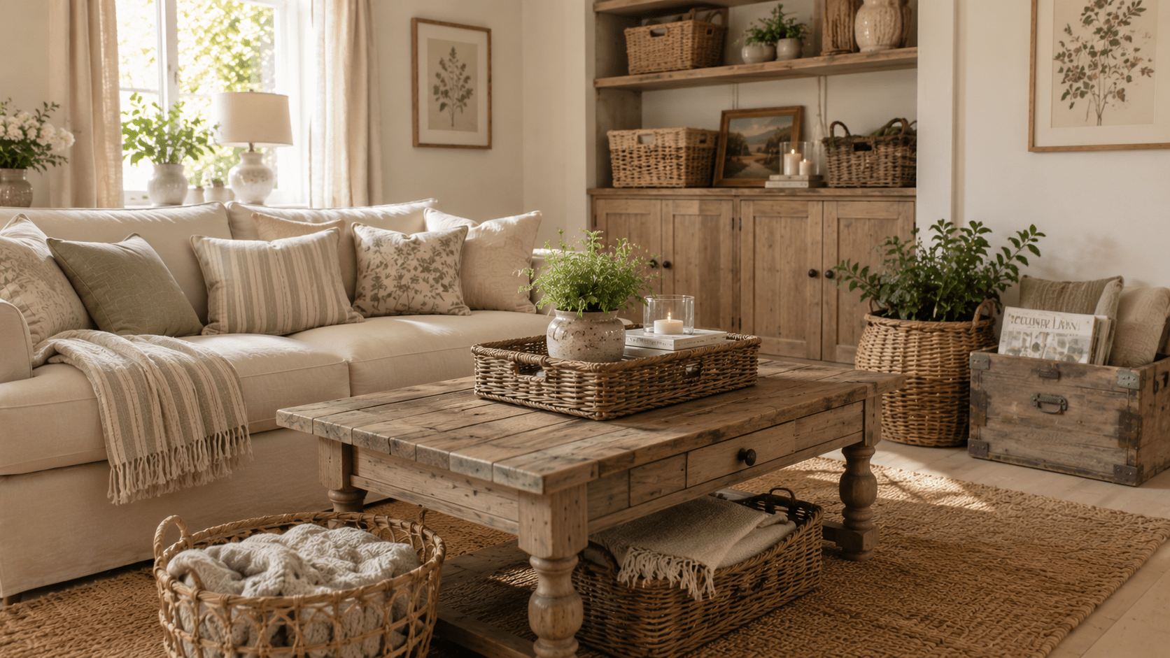 Wohnzimmer im Landhausstil mit zahlreichen Flechtkörben aus Rattan und Weide als dekorative Aufbewahrungslösung. Ein großer Korb mit kuscheligen Decken steht neben einem beigen Sofa, während weitere Körbe auf einem offenen Holzregal und unter dem rustikalen Couchtisch für Ordnung sorgen. Eine alte Holzkiste dient als Stauraum für Zeitschriften. Natürliche Materialien wie Holz, Rattan, Seegras und Leinen schaffen zusammen mit warmem Tageslicht eine gemütliche, aufgeräumte und einladende Atmosphäre.
