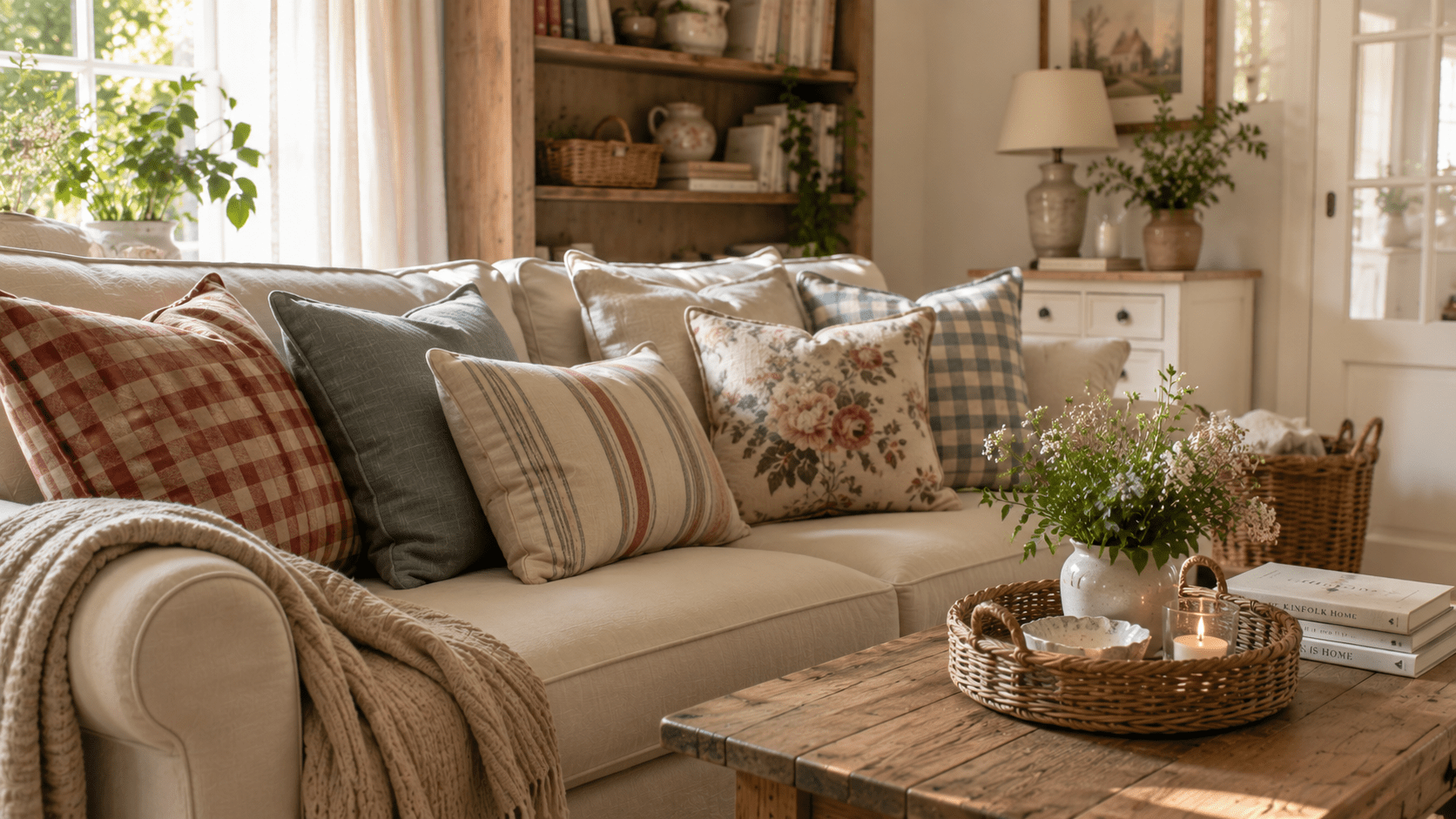 Detailansicht eines gemütlichen Wohnzimmers im Landhausstil mit cremefarbenem Sofa und einer harmonischen Mischung aus gemusterten Kissen. Karierte Kissen in gedecktem Rot und Blau, gestreifte Leinenkissen sowie ein florales Kissen mit zarten Blumenmotiven sorgen für Tiefe und Wohnlichkeit. Ein rustikaler Couchtisch aus Naturholz, Flechtkörbe, frische Blumen und warme Naturmaterialien ergänzen die Einrichtung. Die wiederkehrenden Creme, Blau und Ockertöne schaffen ein ausgewogenes Gesamtbild mit klassischem Landhaus Charme.