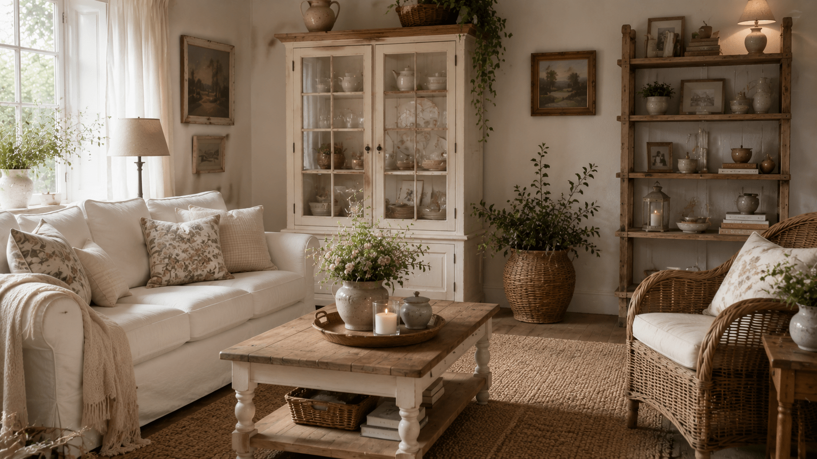 Wohnzimmer im Landhausstil mit großer weißer Glasvitrine als Blickfang und offenem Holzregal im Hintergrund. In der Vitrine stehen sorgfältig arrangiertes Porzellan, Glasvasen und dekorative Keramik, während das Regal mit Büchern, Bilderrahmen und einzelnen Wohnaccessoires luftig dekoriert ist. Helles Sofa, Rattansessel, Naturteppich und warme Holzelemente schaffen eine gemütliche Cottage Atmosphäre. Sanftes Tageslicht und natürliche Farben sorgen für einen harmonischen, wohnlichen Gesamteindruck.