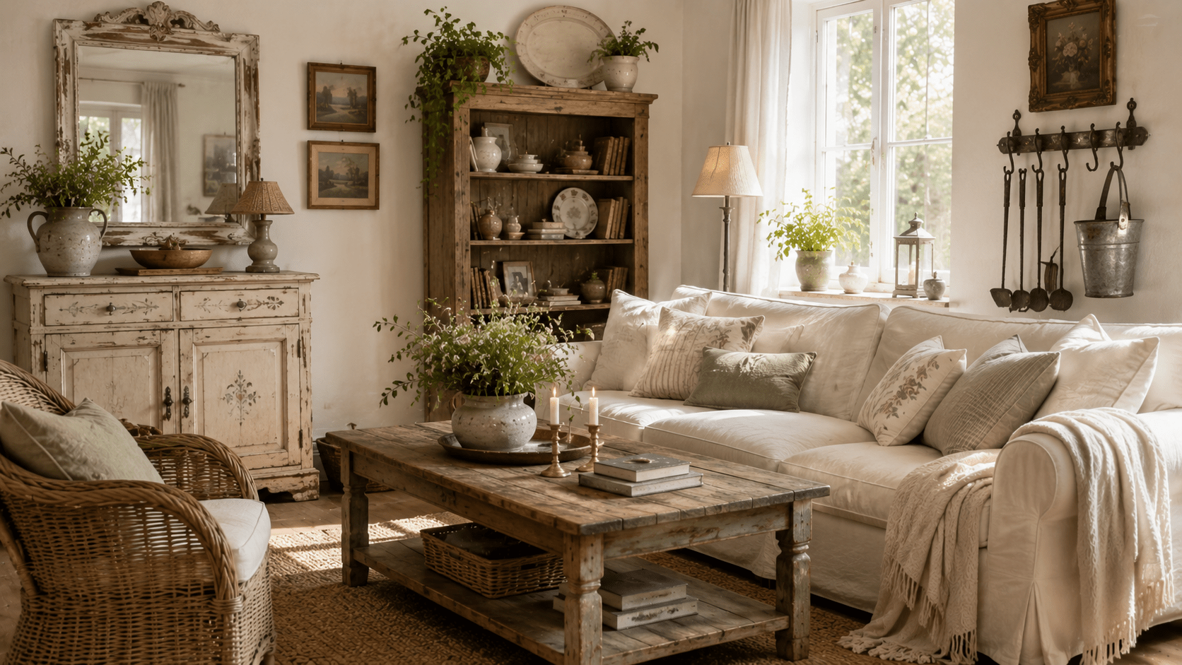 Wohnzimmer im Landhausstil mit liebevoll ausgewählten Vintage Möbeln und nostalgischer Dekoration. Ein verwitterter Couchtisch mit sichtbarer Patina steht vor einem modernen hellen Sofa, während ein antikes Bauernschränkchen im Shabby Chic Stil und ein großer alter Spiegel den Raum prägen. Rustikale Metallaccessoires, Porzellangeschirr im offenen Regal, gealterte Bilderrahmen und geflochtene Rattansessel schaffen einen charmanten Mix aus Alt und Neu. Warme Naturtöne, Tageslicht und natürliche Materialien sorgen für eine gemütliche, authentische Landhaus Atmosphäre.