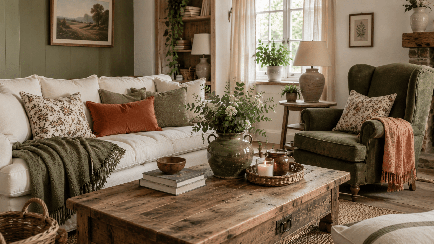 Wohnzimmer im Landhausstil mit cremefarbenem Sofa, olivgrünem Ohrensessel und harmonischen Akzenten in Terrakotta und Salbeigrün. Farbige Dekokissen, eine grüne Keramikvase und eine dezente Akzentwand setzen stilvolle Highlights, während rustikale Holzmöbel, natürliche Textilien und warme Erdtöne für eine gemütliche Atmosphäre sorgen. Das Zusammenspiel aus Holz, Leinen und ausgewählten Farbakzenten schafft ein modernes, wohnliches Landhausambiente.