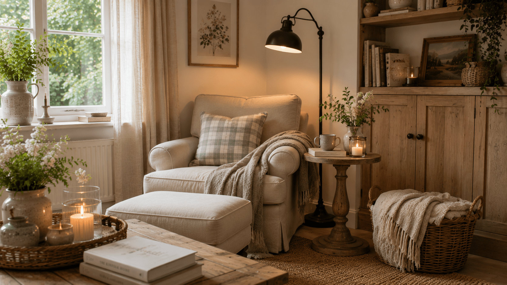 Gemütliche Leseecke im Wohnzimmer im Landhausstil mit großem Leinensessel und passendem Hocker in warmem Cremeweiß. Neben dem Sessel stehen ein runder Beistelltisch aus Holz mit Büchern und einer Keramiktasse sowie eine klassische Stehlampe mit warmem Licht. Eine weiche Wolldecke liegt über der Armlehne, während ein kariertes Kissen in sanften Naturtönen zusätzlichen Komfort schafft. Flechtkörbe, Naturholz, Leinenvorhänge und dezente Kerzen ergänzen die Szene. Das einfallende Tageslicht und die natürlichen Materialien erzeugen eine ruhige, einladende Atmosphäre zum Lesen und Entspannen.