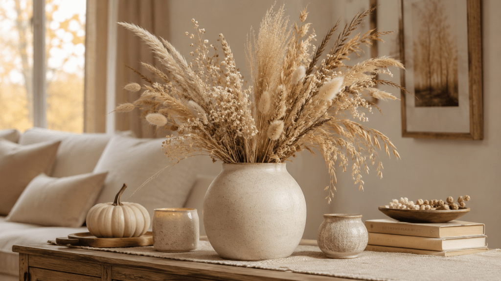 Bauchige Keramikvase in Offwhite mit locker arrangiertem Pampasgras, Hafer, Weizen und cremefarbenen Trockenblumen auf einer Holzkommode, umgeben von beiger Herbstdeko mit Kerze, hellem Kürbis und natürlichen Wohnaccessoires.