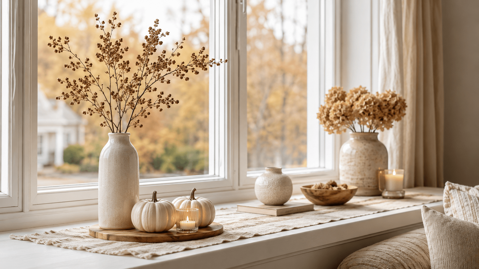 Lange Fensterbank mit beiger Herbstdeko aus cremefarbenen Mini Kürbissen, schmaler Keramikvase mit getrockneten Zweigen und kleiner Kerze im Glas, locker verteilt mit viel freier Fläche vor einem hellen Herbstfenster.