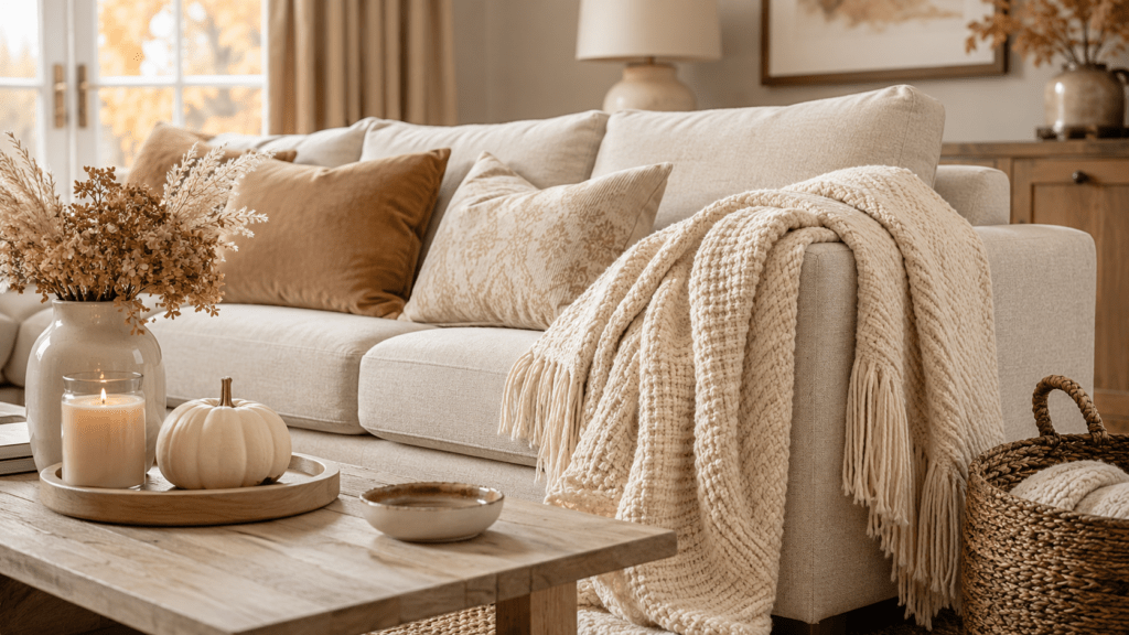 Helles Sofa mit grob gestrickter Kuscheldecke in Creme, beigen und karamellfarbenen Kissen sowie herbstlicher Couchtischdeko aus Kerze, cremefarbenem Kürbis und Trockenblumen in einem warmen Wohnzimmer.
