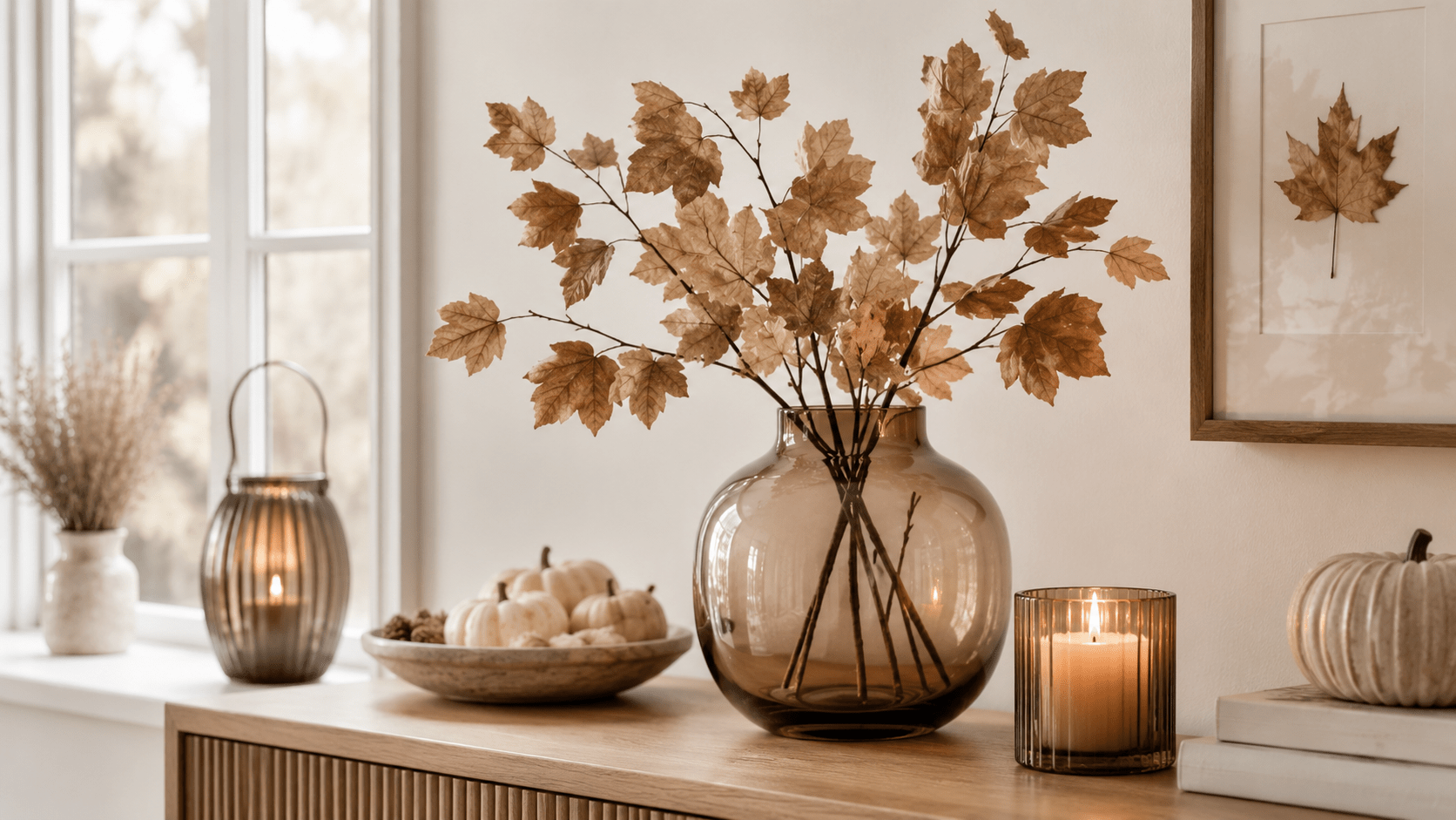 Rauchglasvase mit getrockneten braunen und beigefarbenen Blättern auf einem Holz Sideboard, kombiniert mit Kerze im Glas, cremefarbenen Kürbissen und gerahmtem Herbstblatt vor einem hellen Fenster.